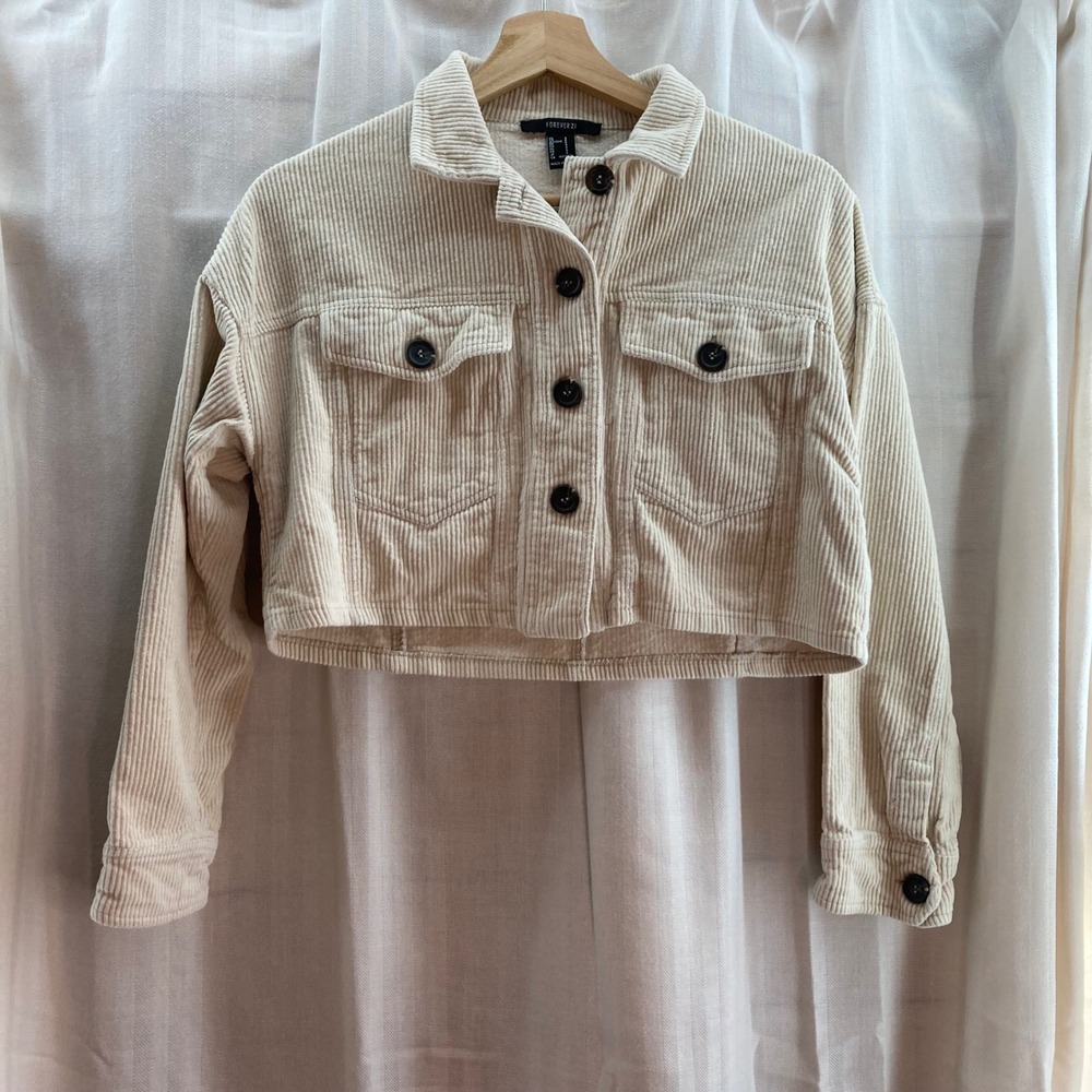 Forever‎ 21 Cream Corduroy Cropped Jacket Button Front Collared Women's Small